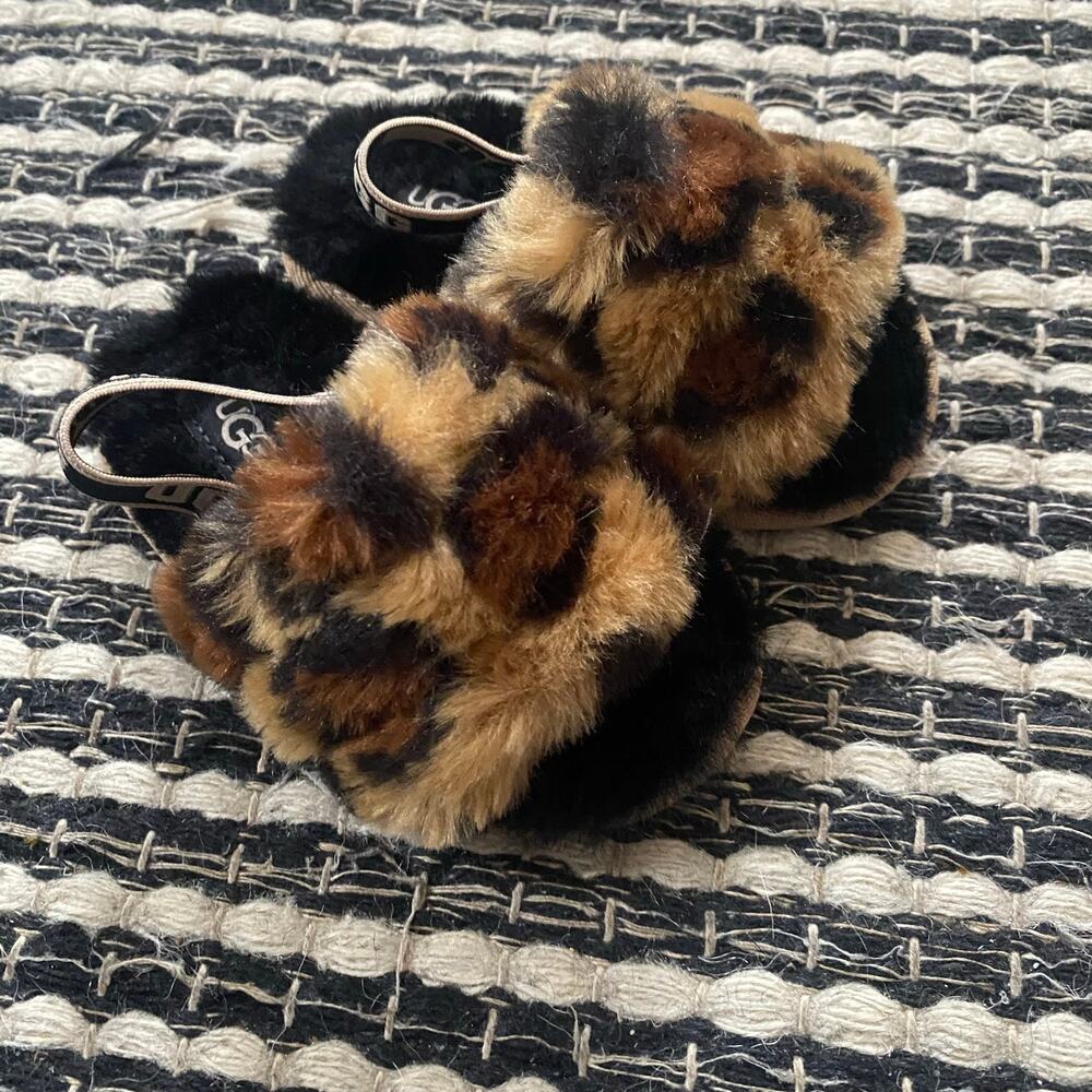 🌿UGG Baby Fluff Yeah Leopard Print Branded Elastic Slingback Strap Slipper 6
